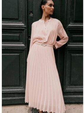 New Zara Blush belted Pleated Button-Front midi Dress XL